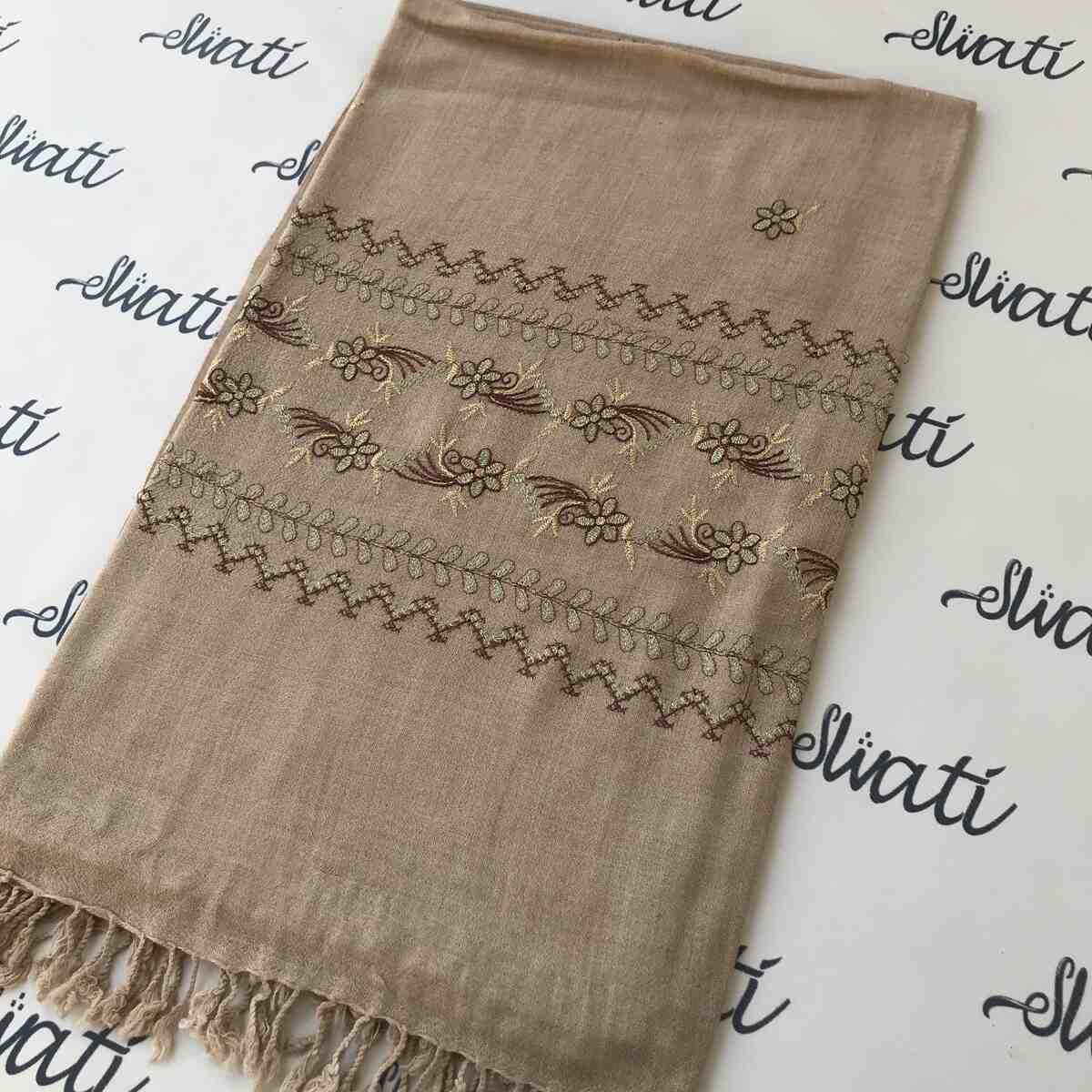 Light badami woolen Swati shawl with delicate machine embroidery, featuring traditional-inspired patterns, ideal for winter wear and elegant styling.