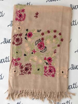 Swati Woolen Shawl for women featuring multicolor Aari hand embroidery, showcasing intricate traditional patterns on soft, warm woolen fabric.