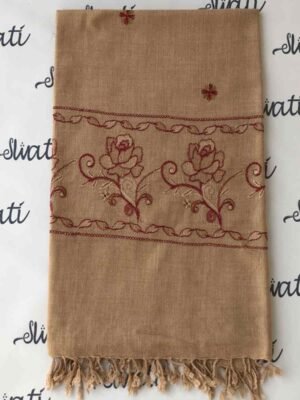 Cream Woolen Shawl for Women with Maroon Machine Embroidery