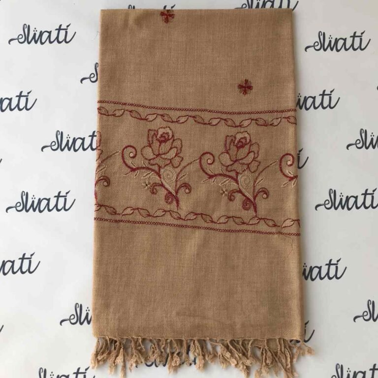 Cream Woolen Shawl for Women with Maroon Machine Embroidery