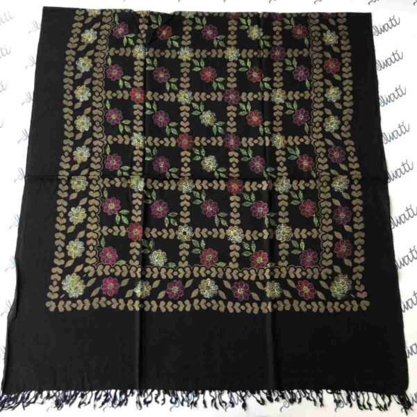 Black Swati Shawl featuring golden prints and intricate Sui Kaam embroidery, a traditional women's winter shawl showcasing elegant craftsmanship and cultural artistry