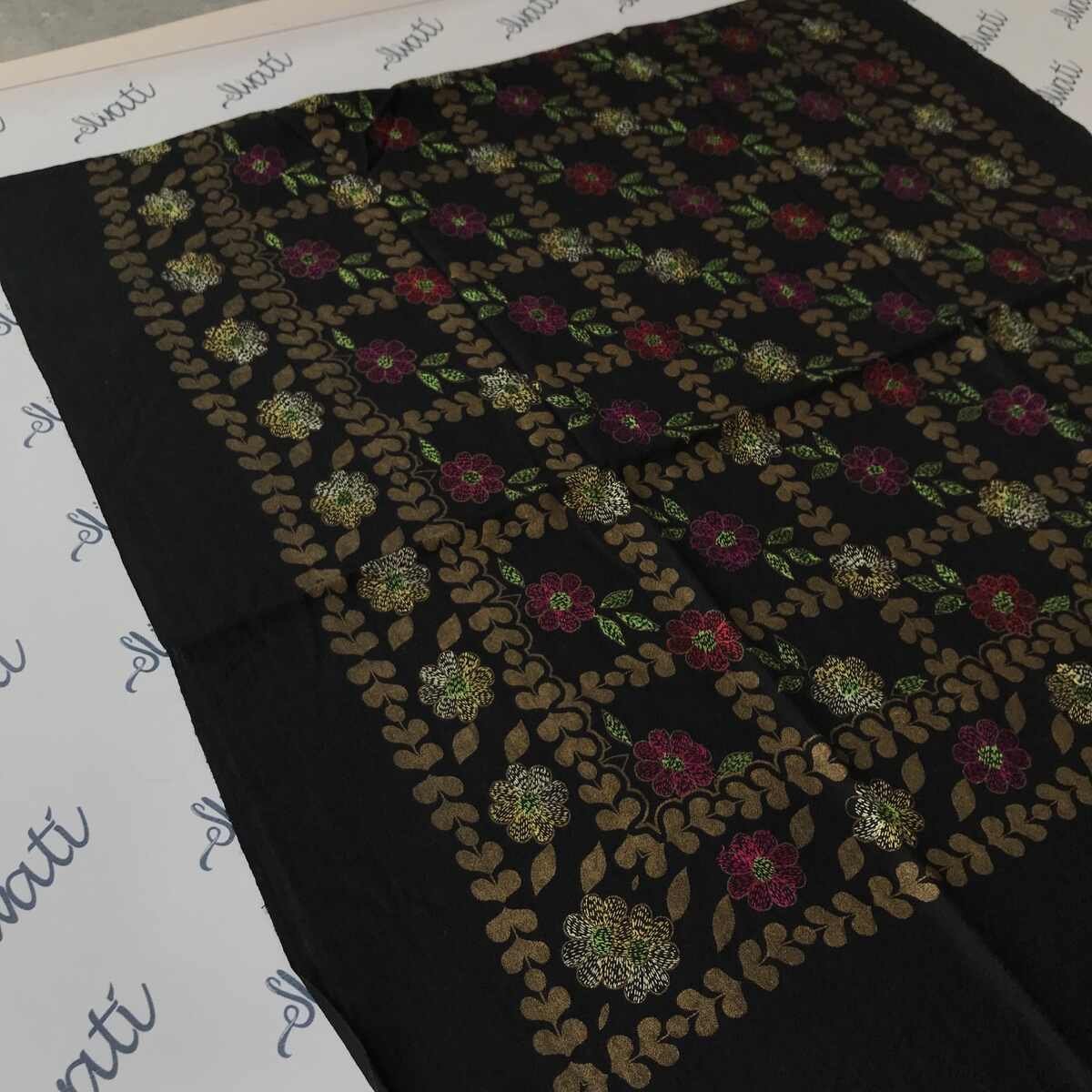 Black Swati Shawl featuring golden prints and intricate Sui Kaam embroidery, a traditional women's winter shawl showcasing elegant craftsmanship and cultural artistry