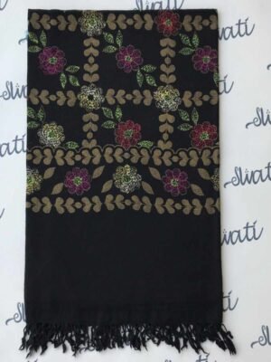 Black Swati Shawl featuring golden prints and intricate Sui Kaam embroidery, a traditional women's winter shawl showcasing elegant craftsmanship and cultural artistry