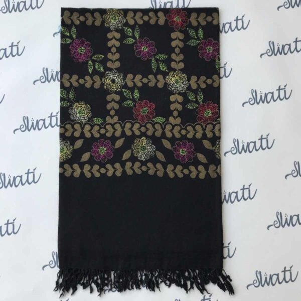Black Swati Shawl featuring golden prints and intricate Sui Kaam embroidery, a traditional women's winter shawl showcasing elegant craftsmanship and cultural artistry