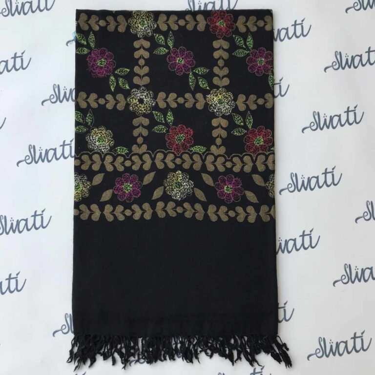 Black Swati Shawl with Golden Prints and Sui Kaam Work
