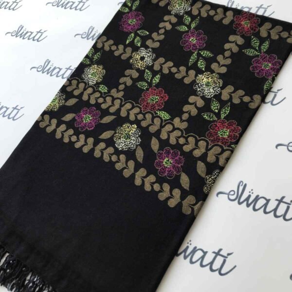 Black Swati Shawl featuring golden prints and intricate Sui Kaam embroidery, a traditional women's winter shawl showcasing elegant craftsmanship and cultural artistry