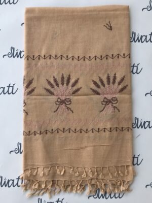 Cream winter wool shawl with pink and dark brown machine embroidery, adding elegance and warmth for the season.