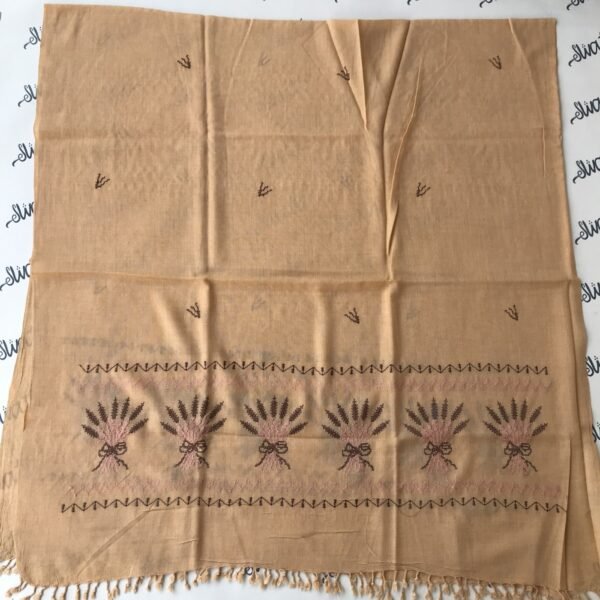 Cream winter wool shawl with pink and dark brown machine embroidery, adding elegance and warmth for the season.