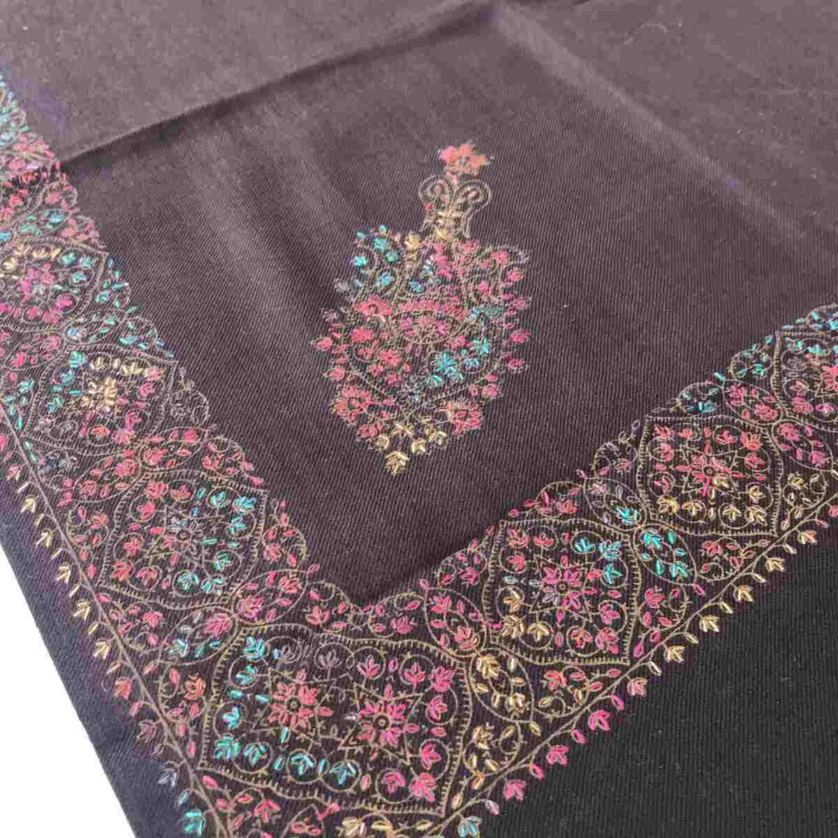 Dark Brown Pashmina Shawl with Multicolor Embroidered Border