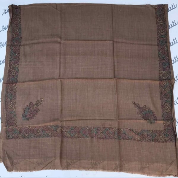 Dark Brown Pashmina Shawl with Multicolor Embroidered Border