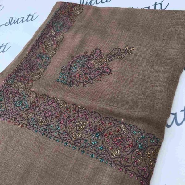 Dark Brown Pashmina Shawl with Multicolor Embroidered Border