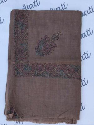 Dark Brown Pashmina Shawl with Multicolor Embroidered Border