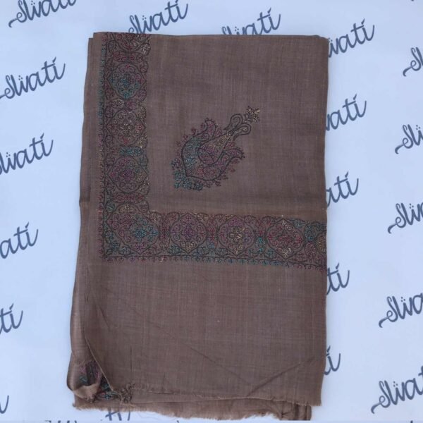 Dark Brown Pashmina Shawl with Multicolor Embroidered Border