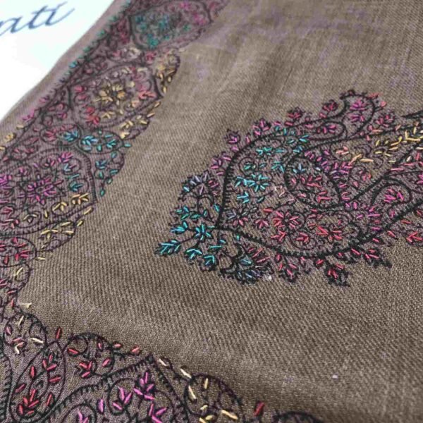 Dark Brown Pashmina Shawl with Multicolor Embroidered Border