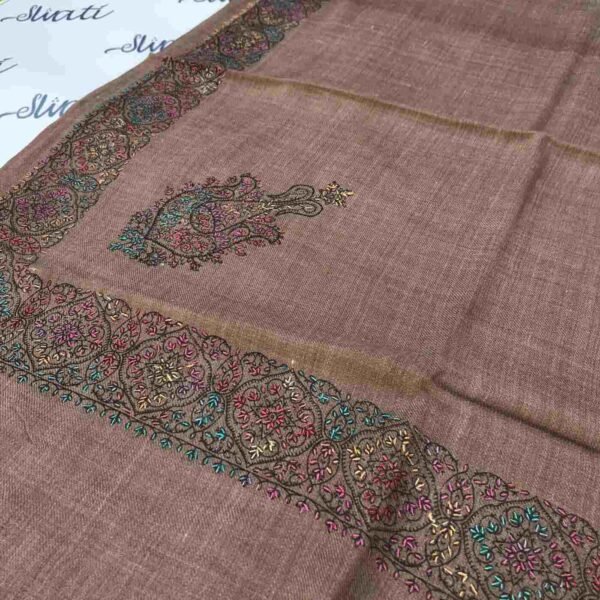 Dark Brown Pashmina Shawl with Multicolor Embroidered Border