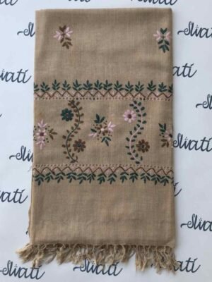 Light-colored shawl featuring intricate Taar Kashi hand embroidery, offering warmth and elegance for winter wear