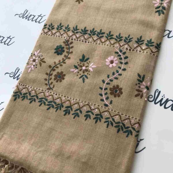 Light-colored shawl featuring intricate Taar Kashi hand embroidery, offering warmth and elegance for winter wear