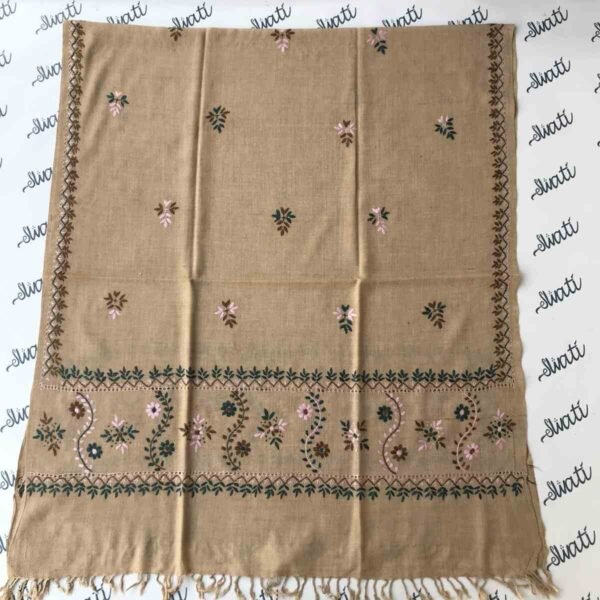 Light-colored shawl featuring intricate Taar Kashi hand embroidery, offering warmth and elegance for winter wear