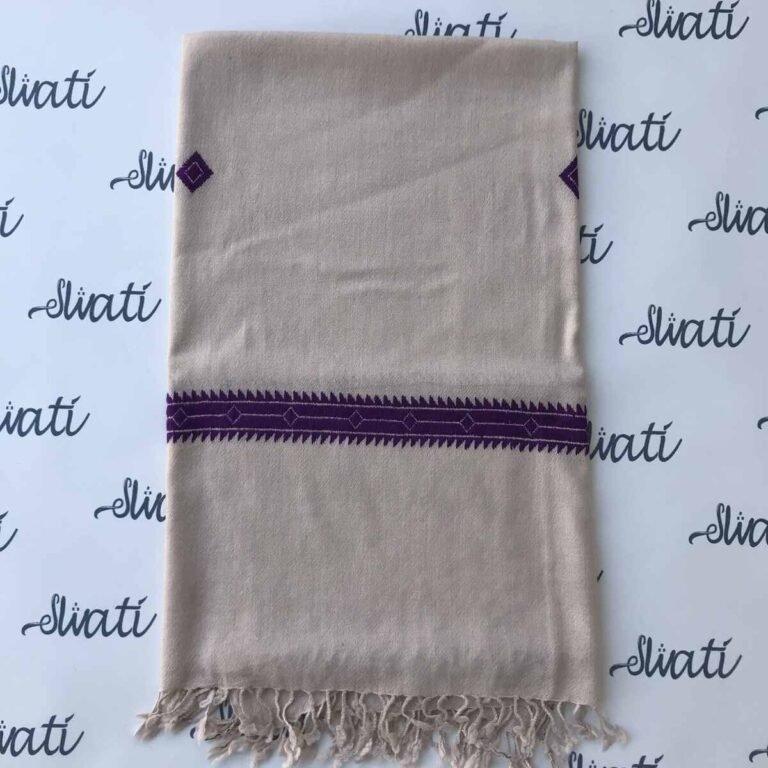 Light-Colored Swati Wool Shawl with Blue Flower Embroidery