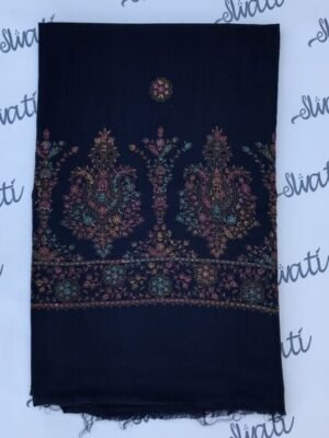 Dark blue pashmina shawl wrap with multi color hand embroidery, elegant woolen winter shawl for women handcrafted from soft pashmina wool.