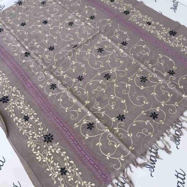 Grey wool shawl for women with handmade black and white floral Swati embroidery, pure woolen winter wrap, soft and elegant embroidered shawl.