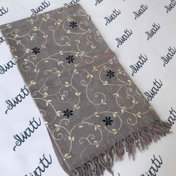 Grey wool shawl for women with handmade black and white floral Swati embroidery, pure woolen winter wrap, soft and elegant embroidered shawl.