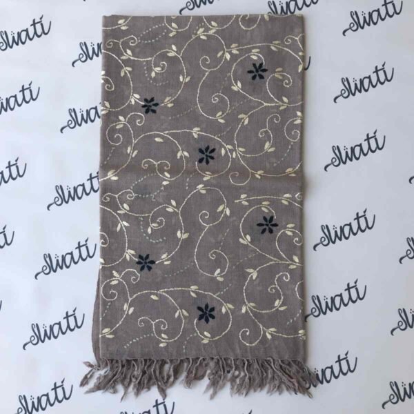 Grey wool shawl for women with handmade black and white floral Swati embroidery, pure woolen winter wrap, soft and elegant embroidered shawl.