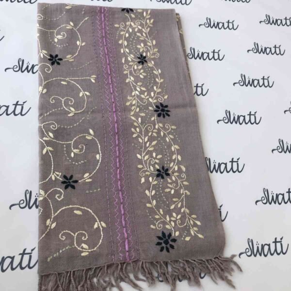 Grey wool shawl for women with handmade black and white floral Swati embroidery, pure woolen winter wrap, soft and elegant embroidered shawl.