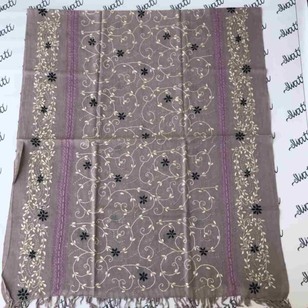 Grey wool shawl for women with handmade black and white floral Swati embroidery, pure woolen winter wrap, soft and elegant embroidered shawl.