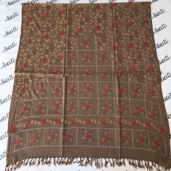 Hand Embroidered Swati Wool Shawl for Women – Handmade Brown Woolen Shawl with Traditional Swati Embroidery
