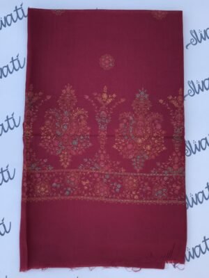 Maroon pashmina shawl for women with elegant sui kaam embroidery, handcrafted woolen winter shawl for traditional and festive wear.