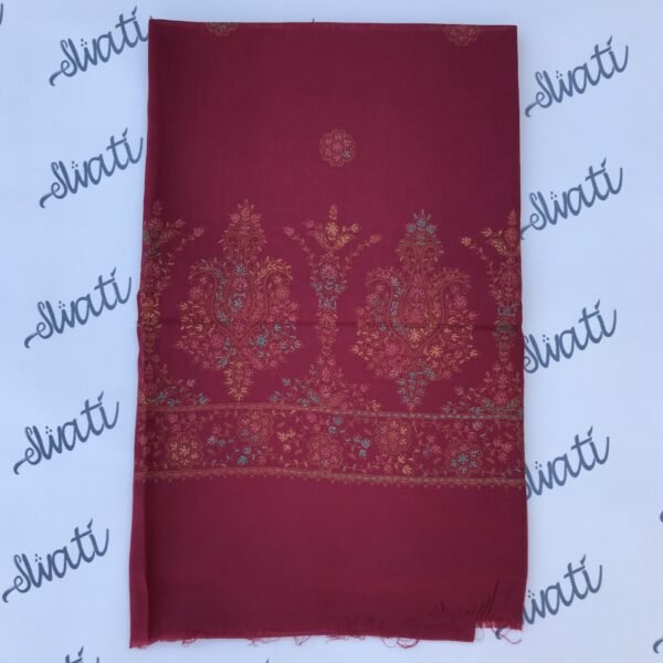 Maroon pashmina shawl for women with elegant sui kaam embroidery, handcrafted woolen winter shawl for traditional and festive wear.