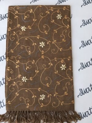 Pure wool chocolate brown Swati shawl with handmade embroidery, traditional winter wrap for women