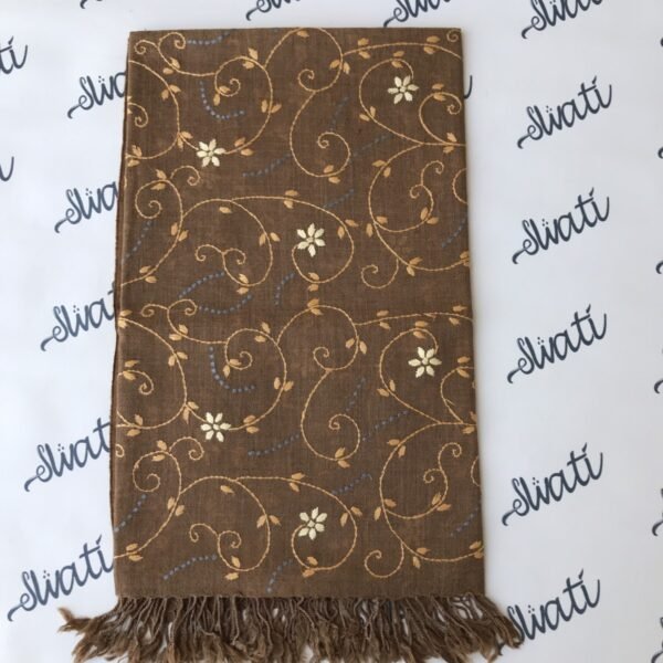 Pure wool chocolate brown Swati shawl with handmade embroidery, traditional winter wrap for women