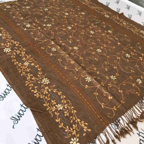 Pure wool chocolate brown Swati shawl with handmade embroidery, traditional winter wrap for women