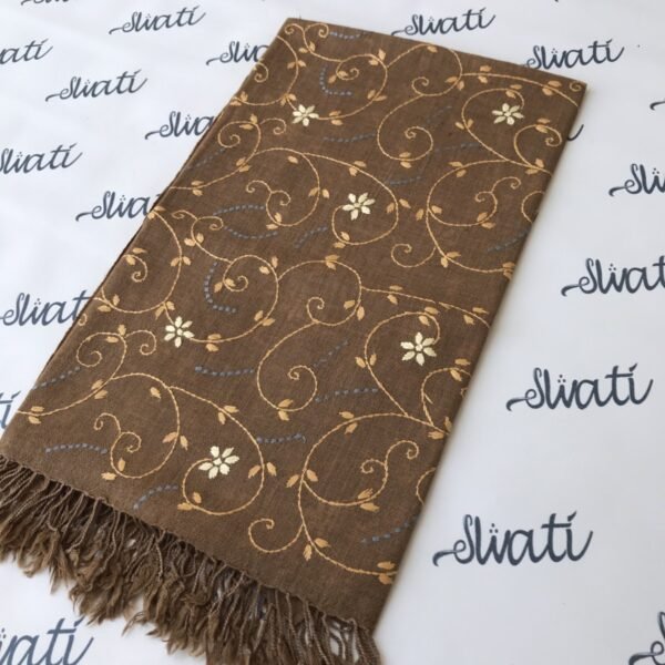 Pure wool chocolate brown Swati shawl with handmade embroidery, traditional winter wrap for women
