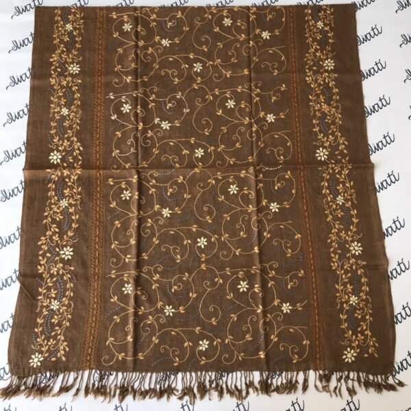 Pure wool chocolate brown Swati shawl with handmade embroidery, traditional winter wrap for women