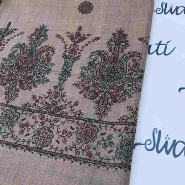 Pashmina women shawl with elegant brown color hand embroidery, handcrafted woolen embroidered winter shawl for women.