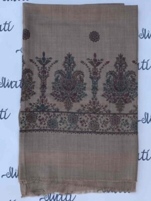 Pashmina women shawl with elegant brown color hand embroidery, handcrafted woolen embroidered winter shawl for women.