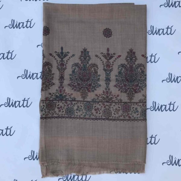 Pashmina women shawl with elegant brown color hand embroidery, handcrafted woolen embroidered winter shawl for women.