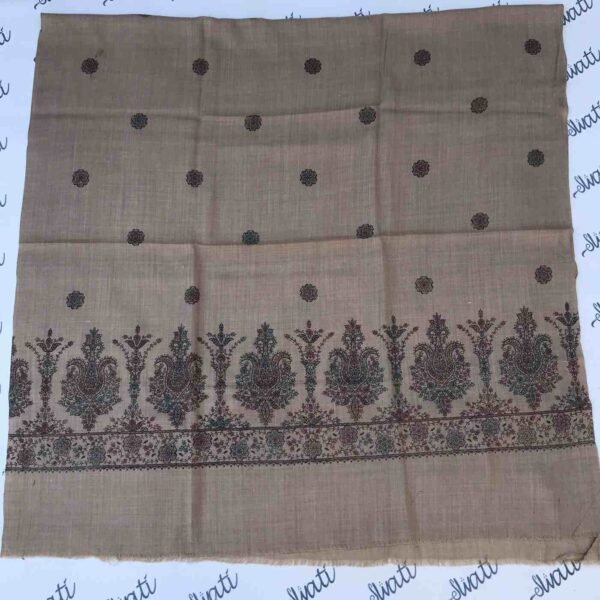 Pashmina women shawl with elegant brown color hand embroidery, handcrafted woolen embroidered winter shawl for women.