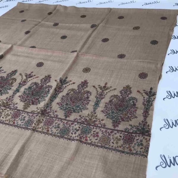 Pashmina women shawl with elegant brown color hand embroidery, handcrafted woolen embroidered winter shawl for women.