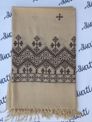 Swati woolen off white shawl for women with beautiful brown embroidery, traditional winter embroidered shawl made from soft wool.