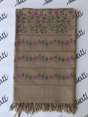Wool shawl wrap with pink and green floral hand embroidery – pure Swati wool handmade winter shawl for women